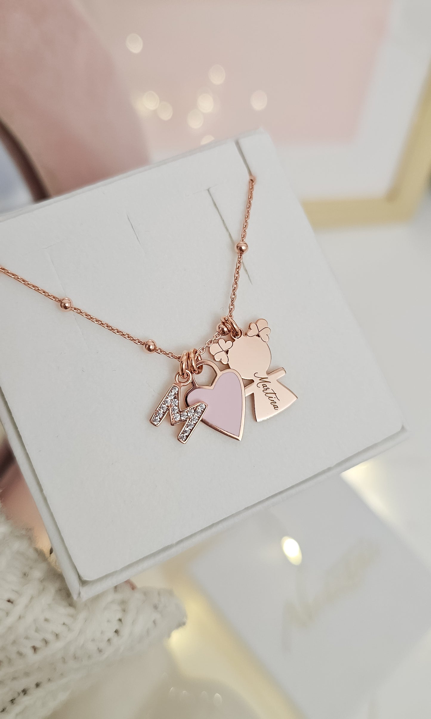 Collana bebè cuore lucchetto smalto e lettera