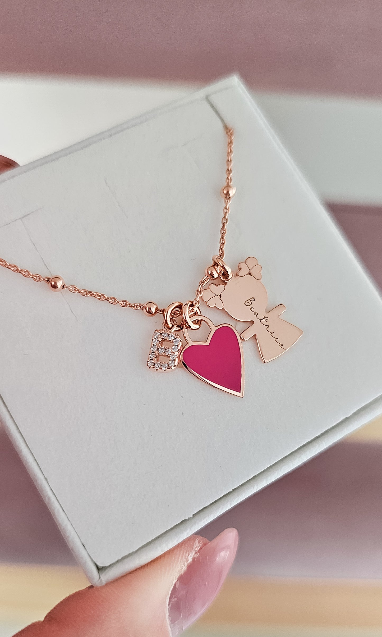 Collana bebè cuore lucchetto smalto e lettera