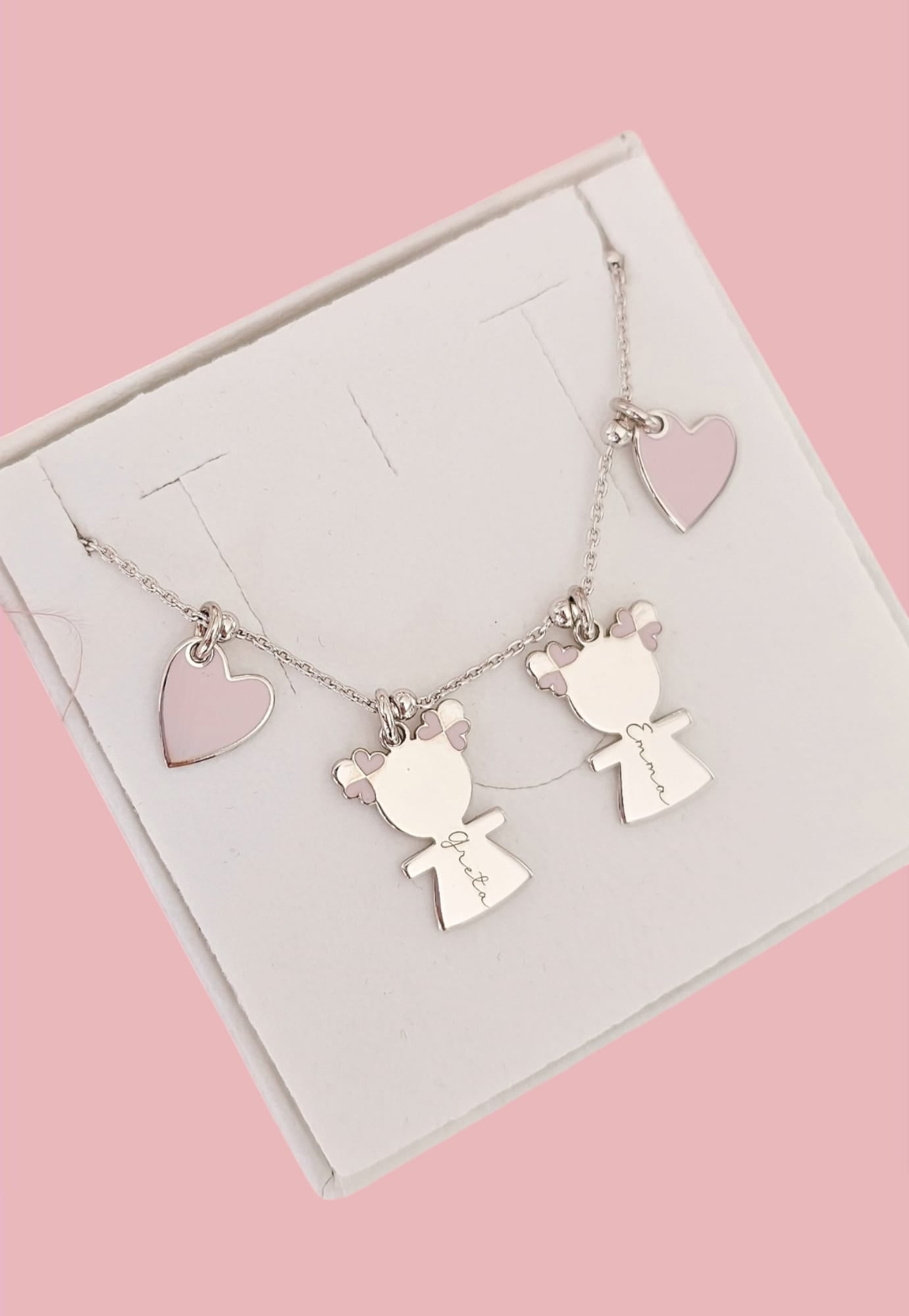 Collana due bebè smaltati e due cuori smaltati