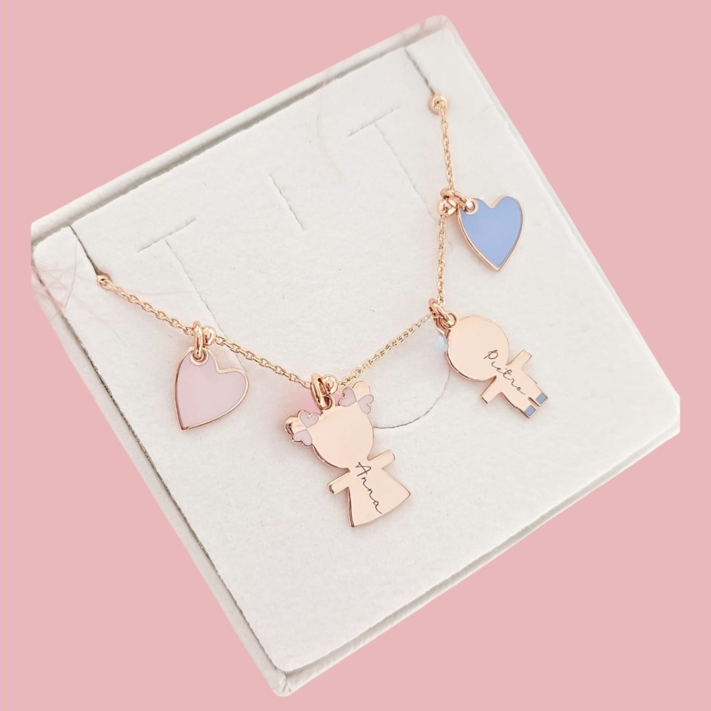 Collana due bebè smaltati e due cuori smaltati
